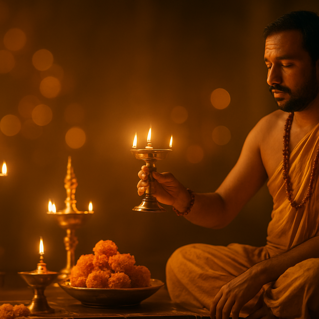Priest performing a sacred pooja ceremony